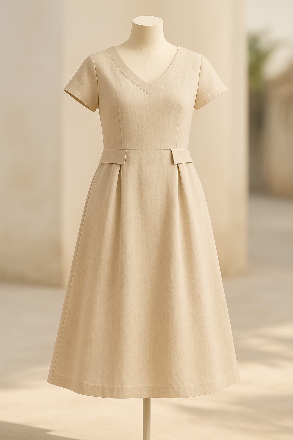 Pure Linen Beige Duchess Midi Dress