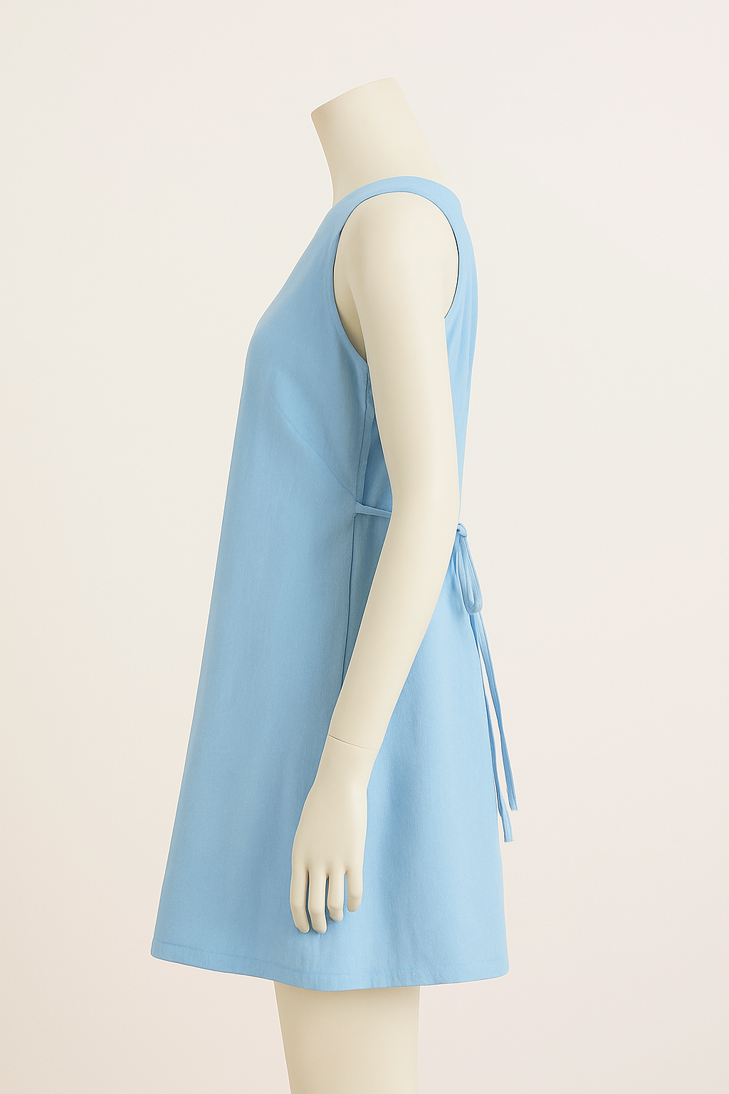 Pure Linen Light Blue Tie Waist Short Dress