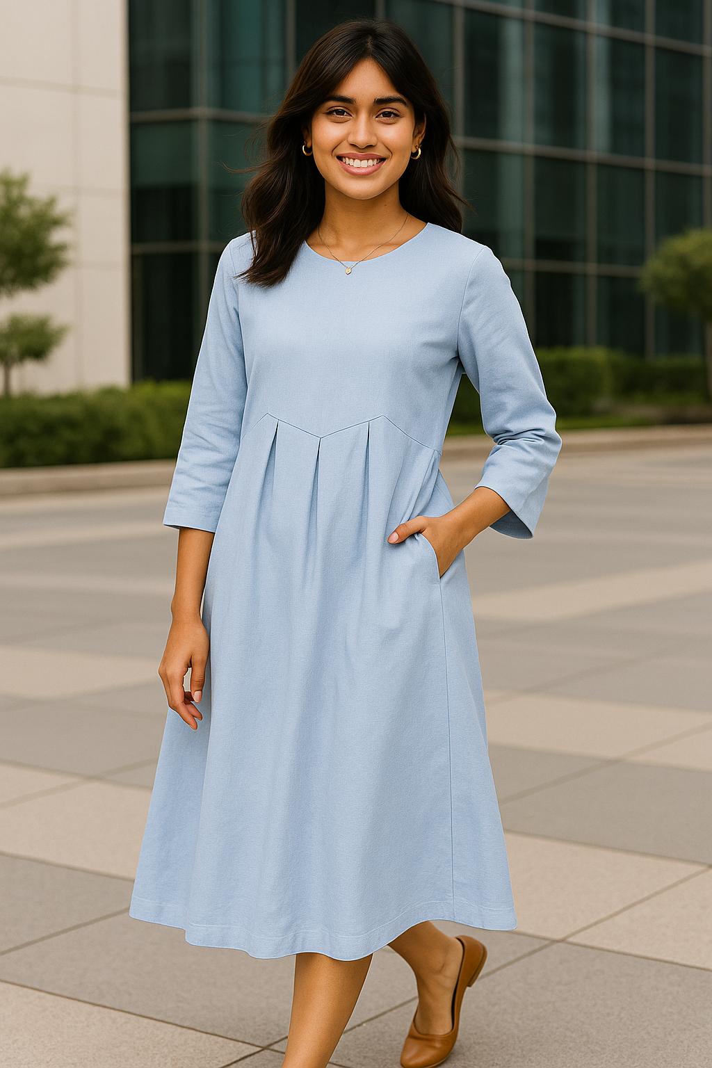 Pure Linen Classic Pleated Dress for Summer