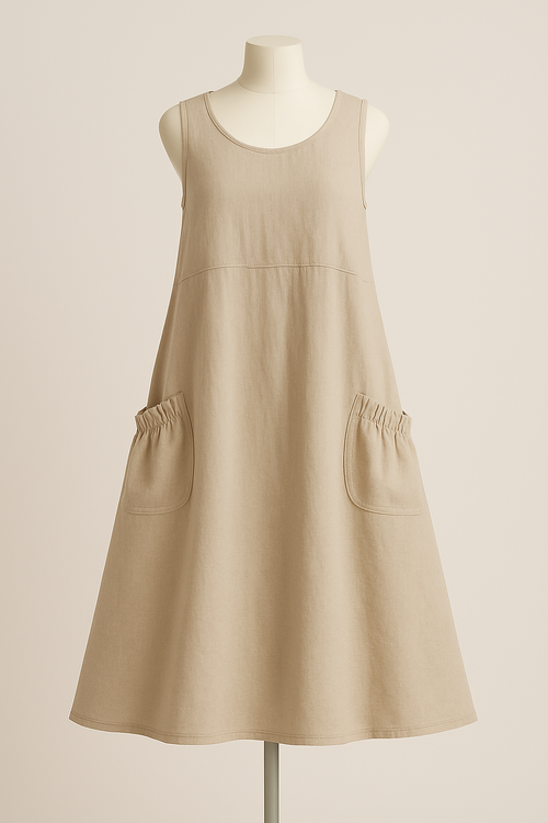 Pure Linen Beige Pocket Maxi Dress