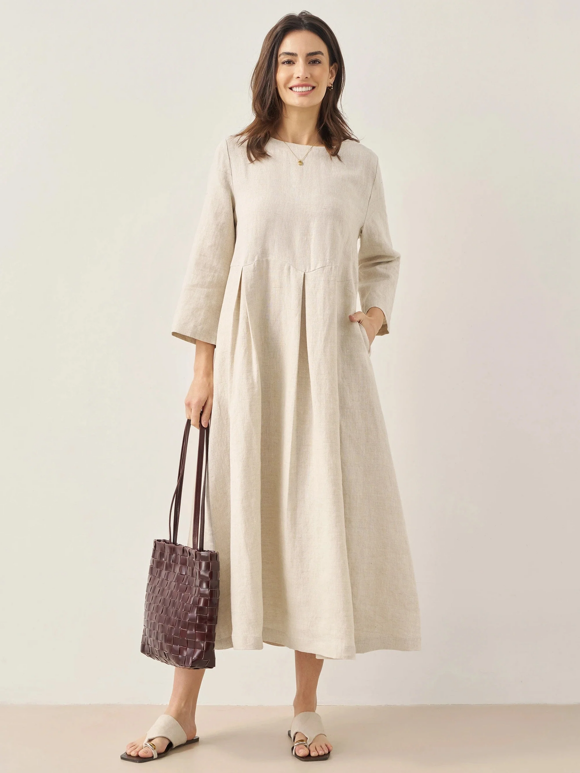 Pure Linen Classic Pleated Dress for Summer