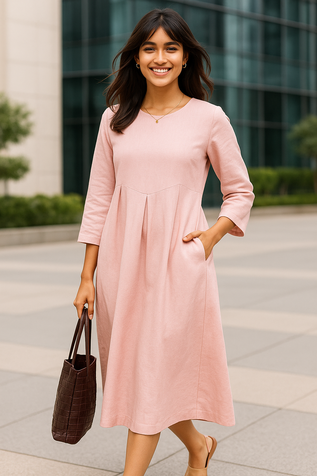 Pure Linen Classic Pleated Dress for Summer