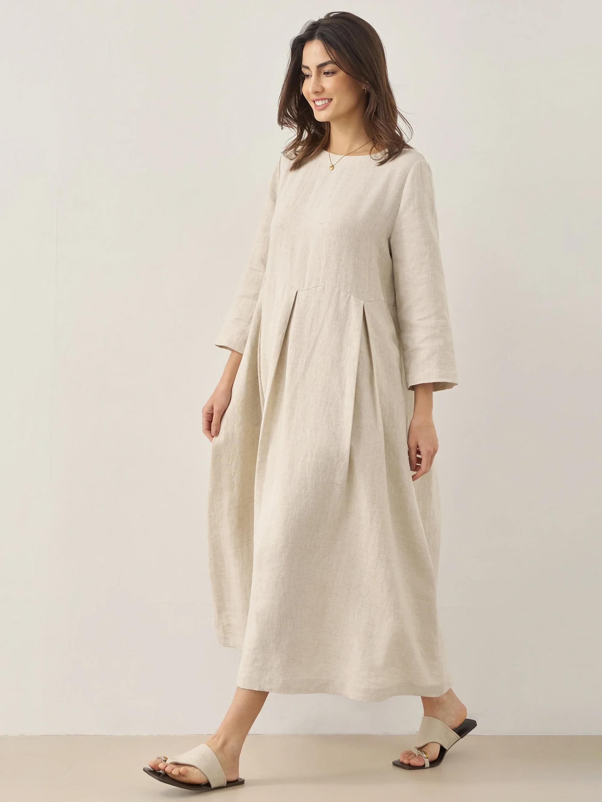 Pure Linen Classic Pleated Dress for Summer