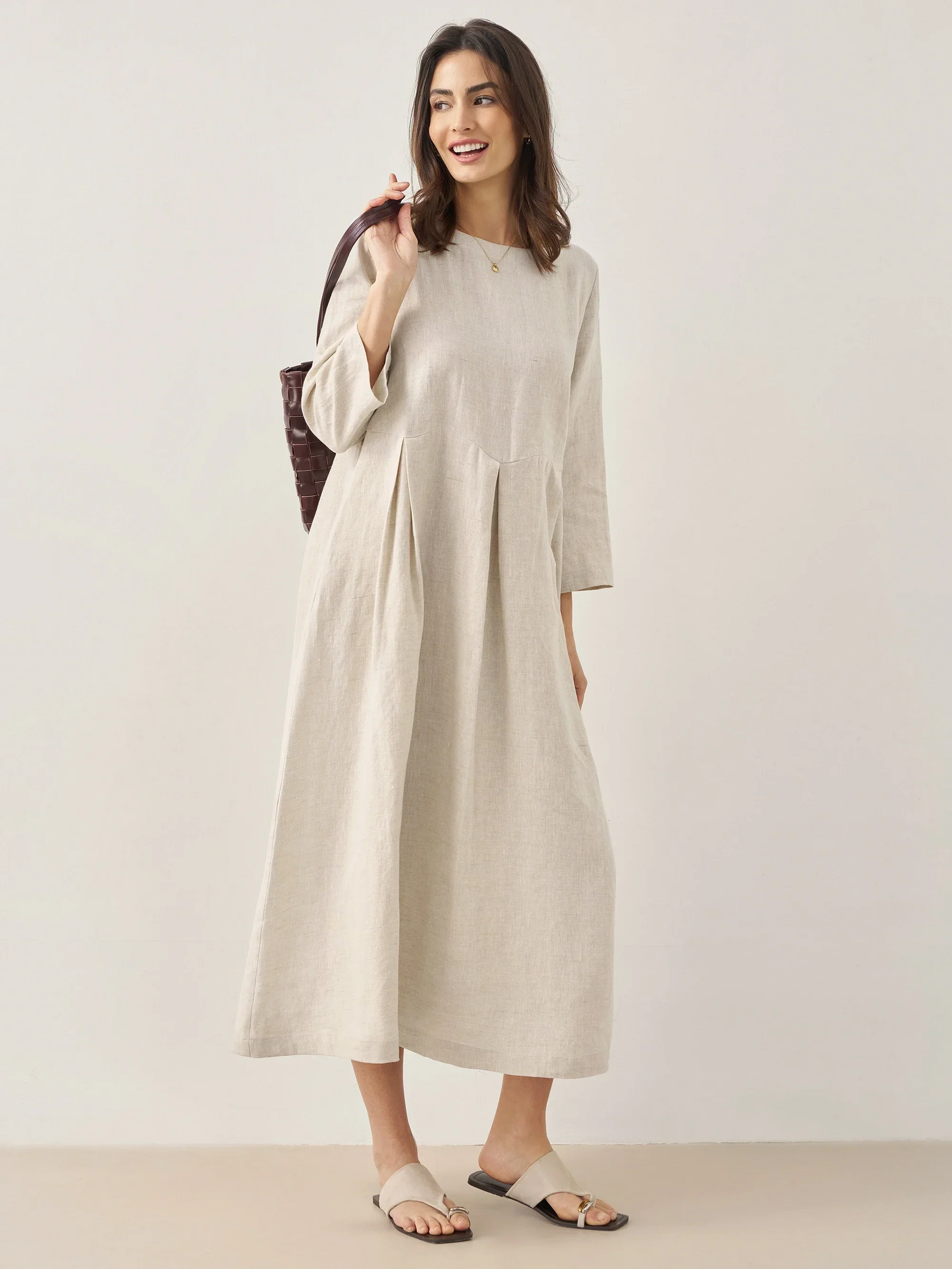 Pure Linen Classic Pleated Dress for Summer